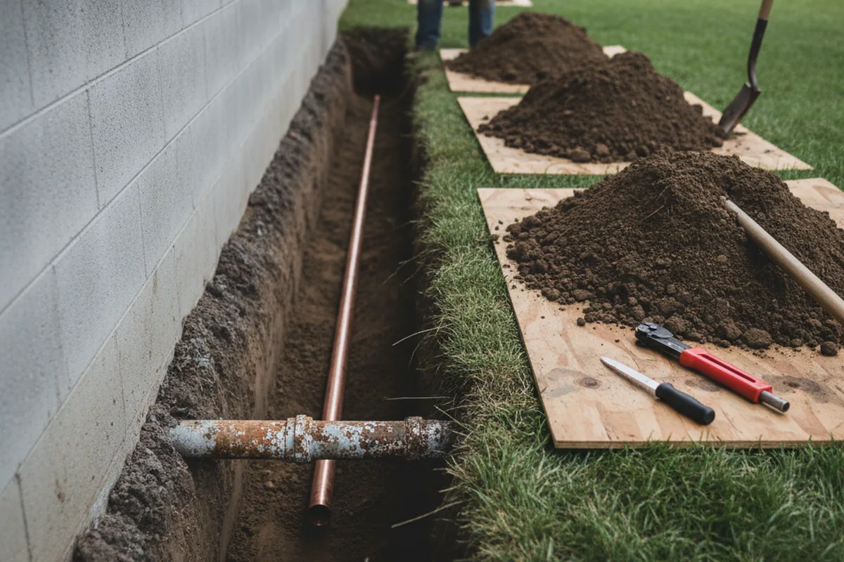 Excavated water line trench during Sewer Line Repair in Altmar